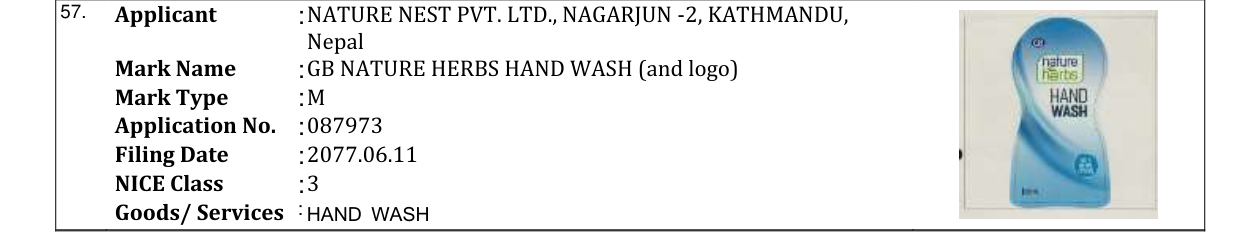Original bulletin entry for GB NATURE HERBS HAND WASH (and logo)