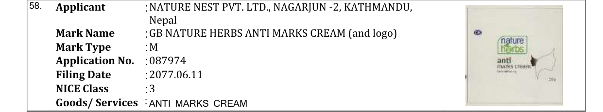Original bulletin entry for GB NATURE HERBS ANTI MARKS CREAM (and logo)