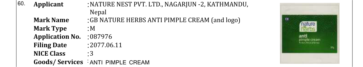 Original bulletin entry for GB NATURE HERBS ANTI PIMPLE CREAM (and logo)