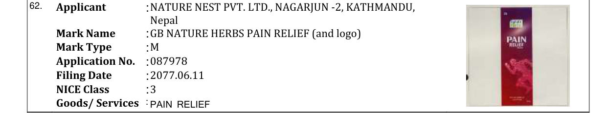 Original bulletin entry for GB NATURE HERBS PAIN RELIEF (and logo)