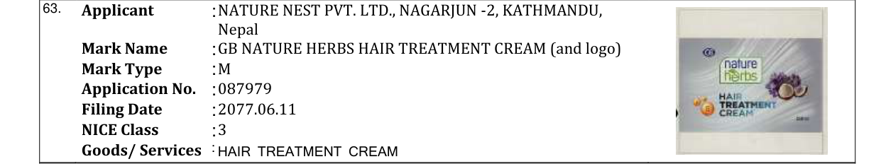 Original bulletin entry for GB NATURE HERBS HAIR TREATMENT CREAM (and logo)