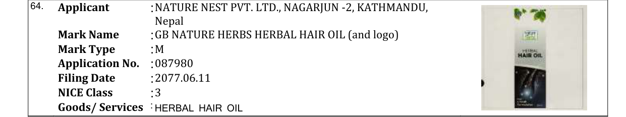 Original bulletin entry for GB NATURE HERBS HERBAL HAIR OIL (and logo)