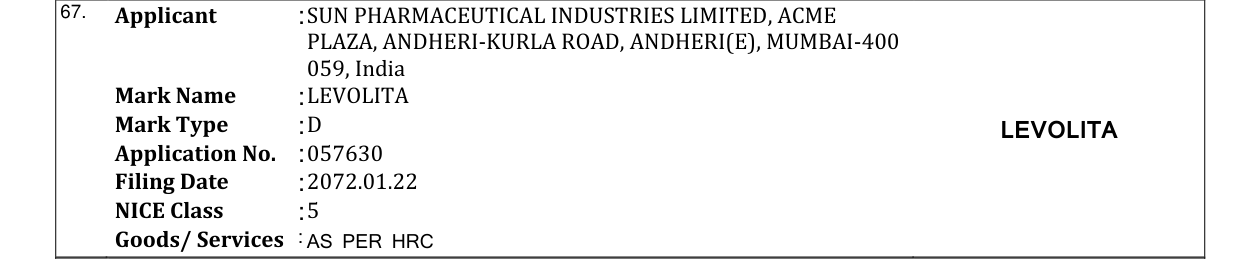 Original bulletin entry for LEVOLITA