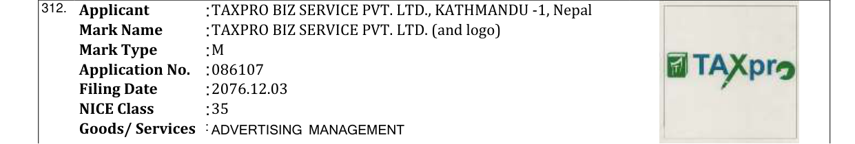 Original bulletin entry for TAXPRO BIZ SERVICE PVT. LTD. (and logo)