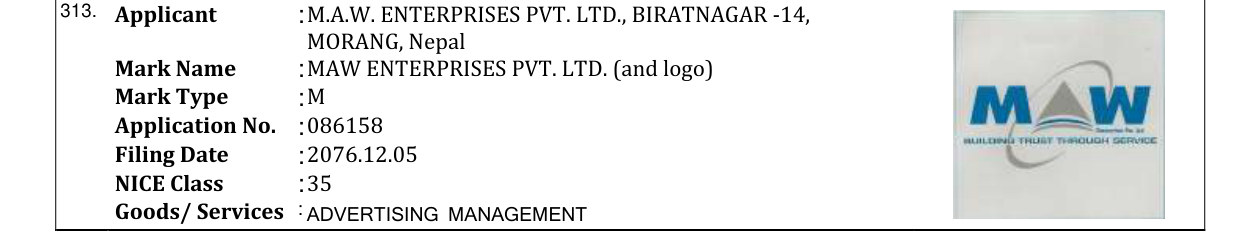 Original bulletin entry for MAW ENTERPRISES PVT. LTD. (and logo)