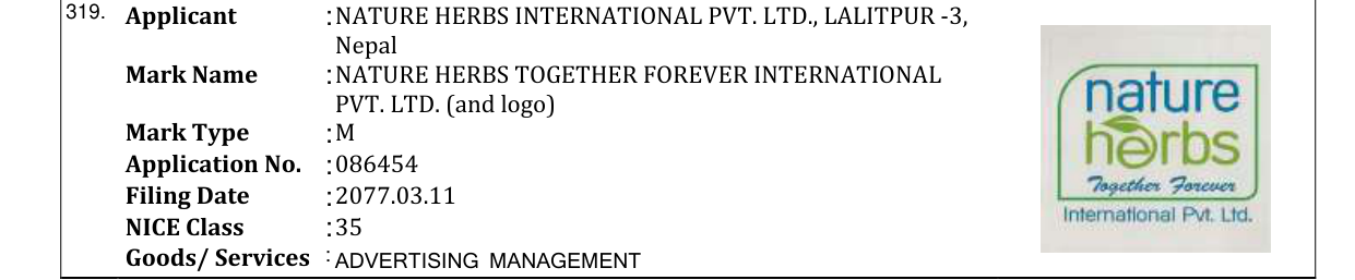 Original bulletin entry for NATURE HERBS TOGETHER FOREVER INTERNATIONAL PVT. LTD. (and logo)