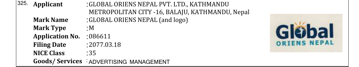 Original bulletin entry for GLOBAL ORIENS NEPAL (and logo)