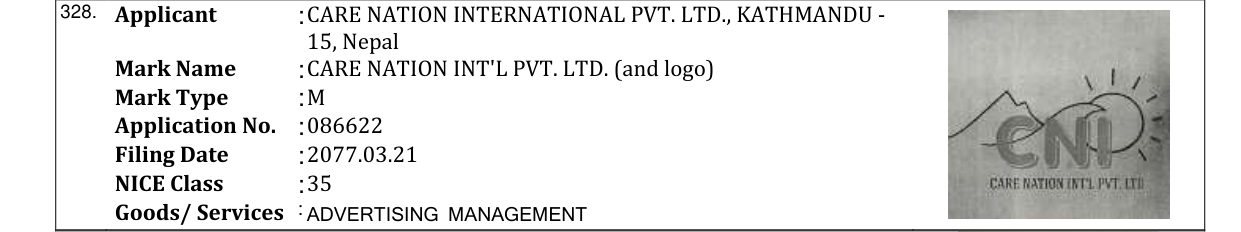 Original bulletin entry for CARE NATION INT'L PVT. LTD. (and logo)