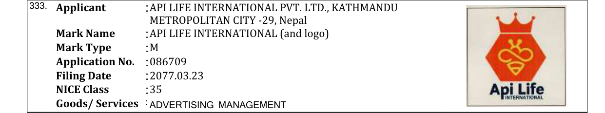 Original bulletin entry for API LIFE INTERNATIONAL (and logo)