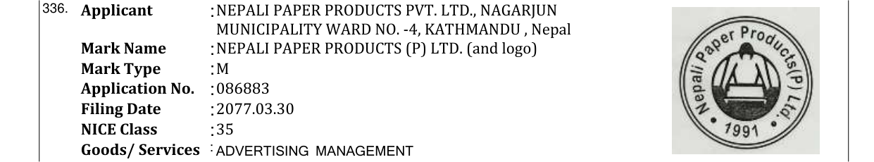 Original bulletin entry for NEPALI PAPER PRODUCTS (P) LTD. (and logo)