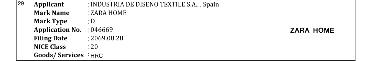 Original bulletin entry for ZARA HOME