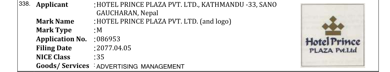 Original bulletin entry for HOTEL PRINCE PLAZA PVT. LTD. (and logo)