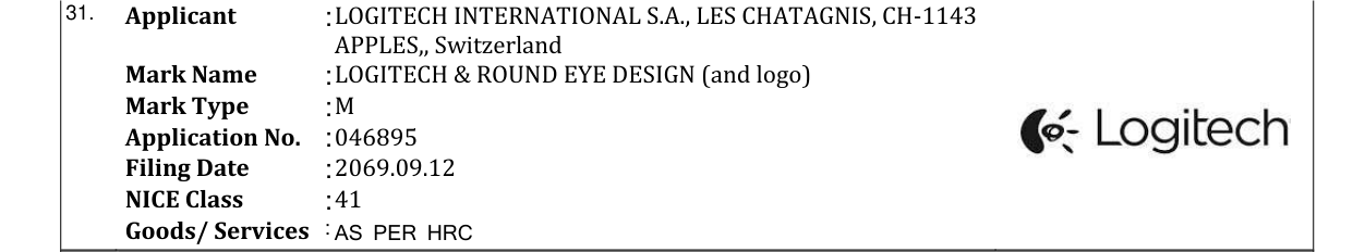 Original bulletin entry for LOGITECH & ROUND EYE DESIGN (and logo)