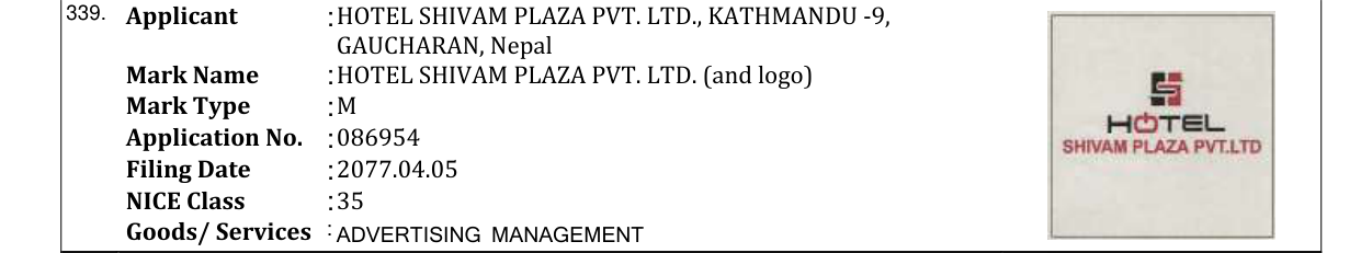 Original bulletin entry for HOTEL SHIVAM PLAZA PVT. LTD. (and logo)