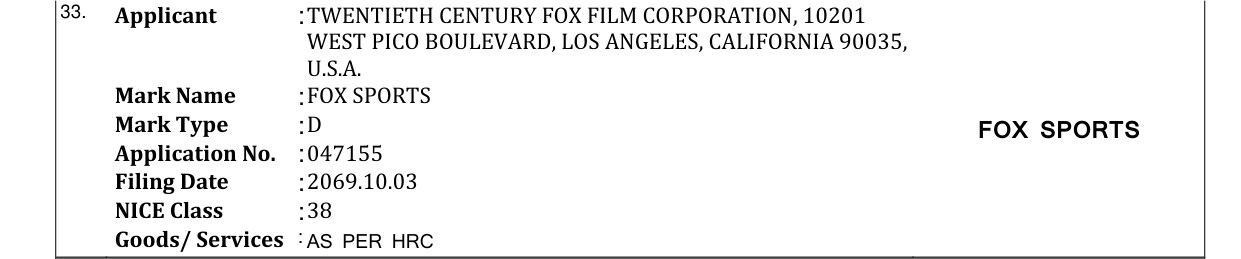 Original bulletin entry for FOX SPORTS