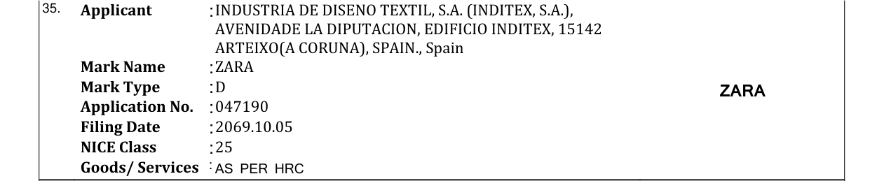 Original bulletin entry for ZARA