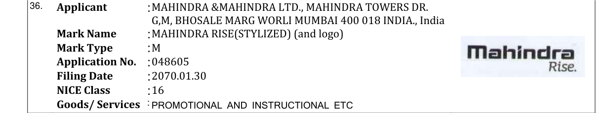 Original bulletin entry for MAHINDRA RISE(STYLIZED) (and logo)