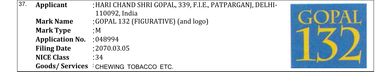 Original bulletin entry for GOPAL 132 (FIGURATIVE) (and logo)