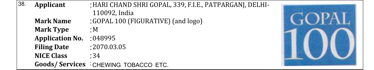 Original bulletin entry for GOPAL 100 (FIGURATIVE) (and logo)