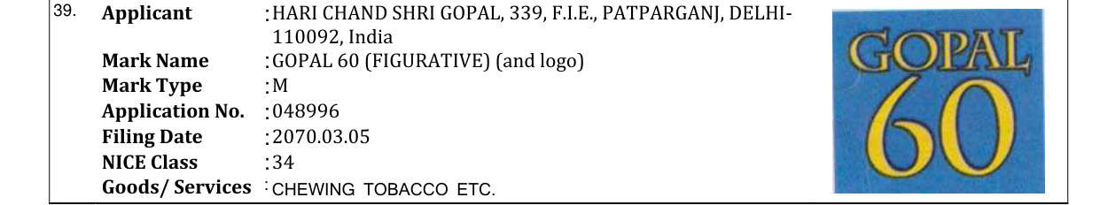 Original bulletin entry for GOPAL 60 (FIGURATIVE) (and logo)