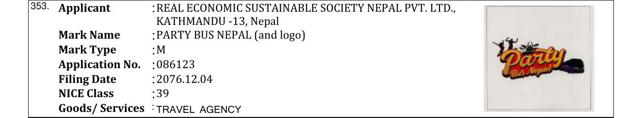 Original bulletin entry for PARTY BUS NEPAL (and logo)
