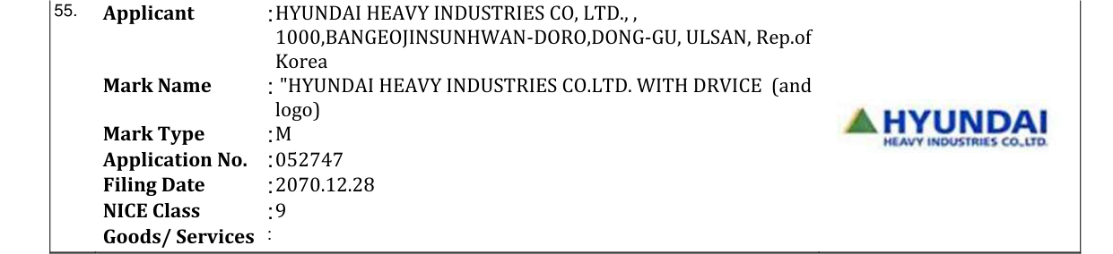 Original bulletin entry for "HYUNDAI HEAVY INDUSTRIES CO.LTD. WITH DRVICE (and logo)