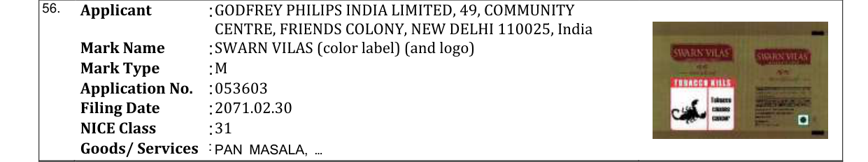 Original bulletin entry for SWARN VILAS (color label) (and logo)