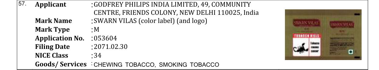 Original bulletin entry for SWARN VILAS (color label) (and logo)