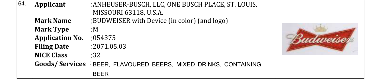 Original bulletin entry for BUDWEISER with Device (in color) (and logo)