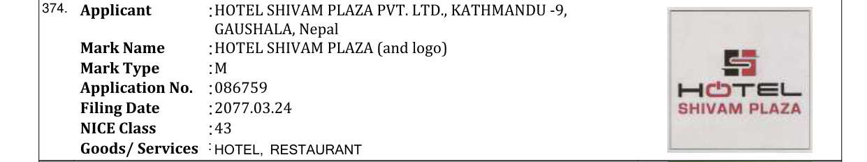 Original bulletin entry for HOTEL SHIVAM PLAZA (and logo)