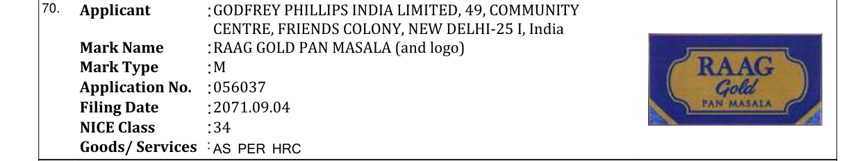 Original bulletin entry for RAAG GOLD PAN MASALA (and logo)