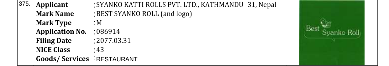 Original bulletin entry for BEST SYANKO ROLL (and logo)