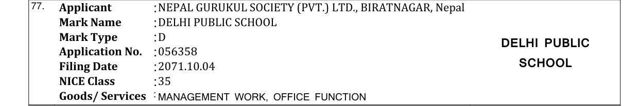 Original bulletin entry for DELHI PUBLIC SCHOOL