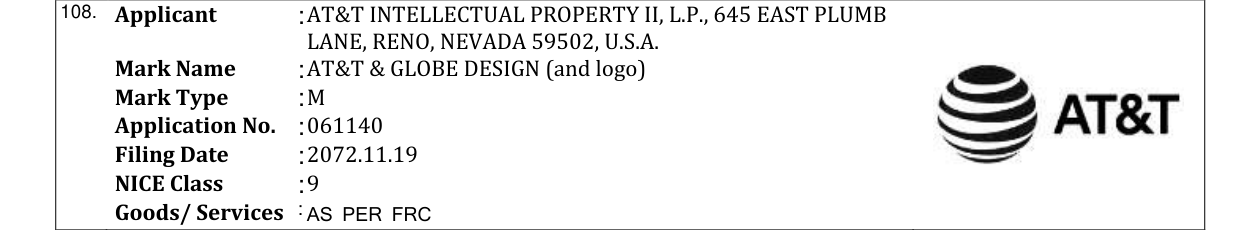 Original bulletin entry for AT&T & GLOBE DESIGN (and logo)
