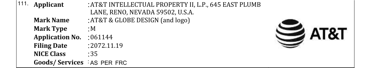 Original bulletin entry for AT&T & GLOBE DESIGN (and logo)