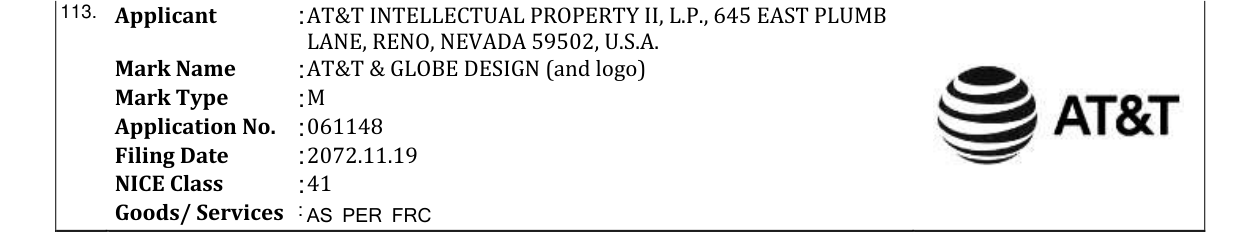 Original bulletin entry for AT&T & GLOBE DESIGN (and logo)
