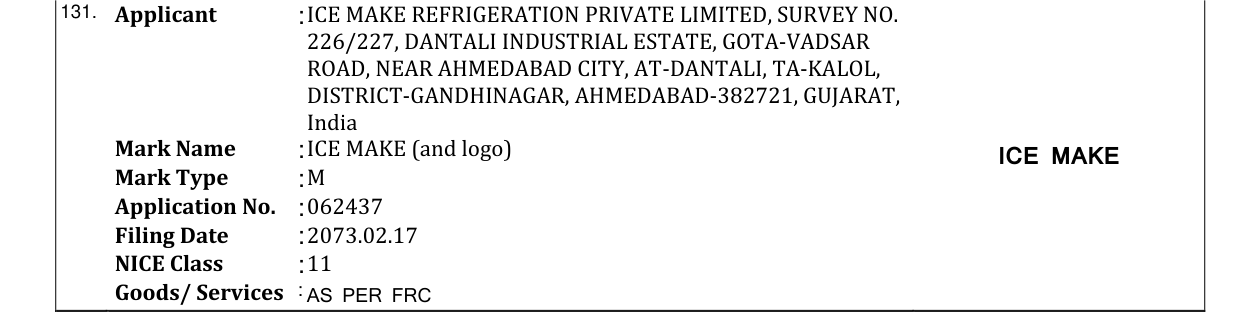 Original bulletin entry for ICE MAKE (and logo) ICE MAKE