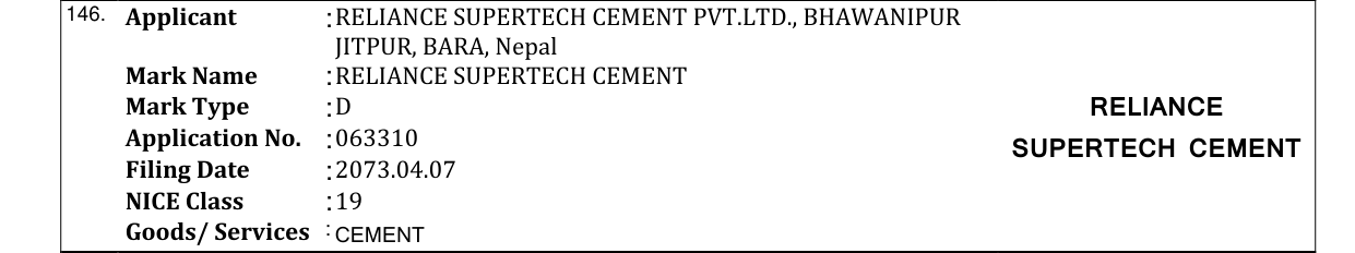 Original bulletin entry for RELIANCE SUPERTECH CEMENT