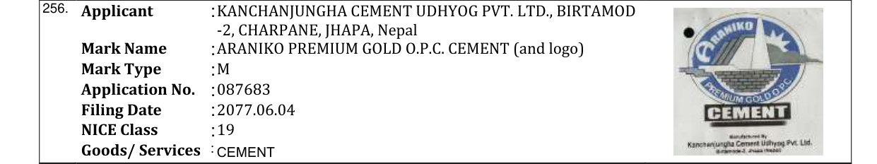 Original bulletin entry for HALESI PREMIUM GOLD O.P.C. CEMENT (and logo)