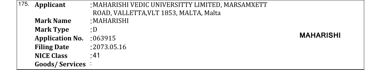 Original bulletin entry for MAHARISHI