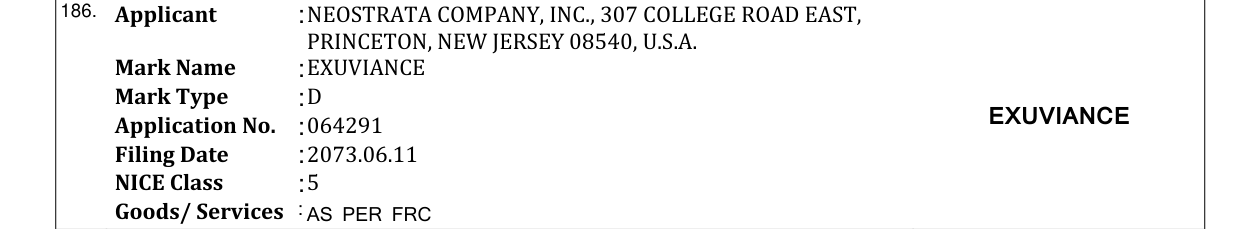 Original bulletin entry for EXUVIANCE
