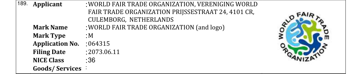 Original bulletin entry for WORLD FAIR TRADE ORGANIZATION (and logo)