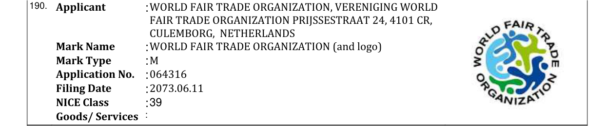Original bulletin entry for WORLD FAIR TRADE ORGANIZATION (and logo)