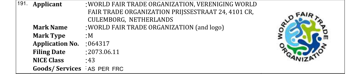 Original bulletin entry for WORLD FAIR TRADE ORGANIZATION (and logo)