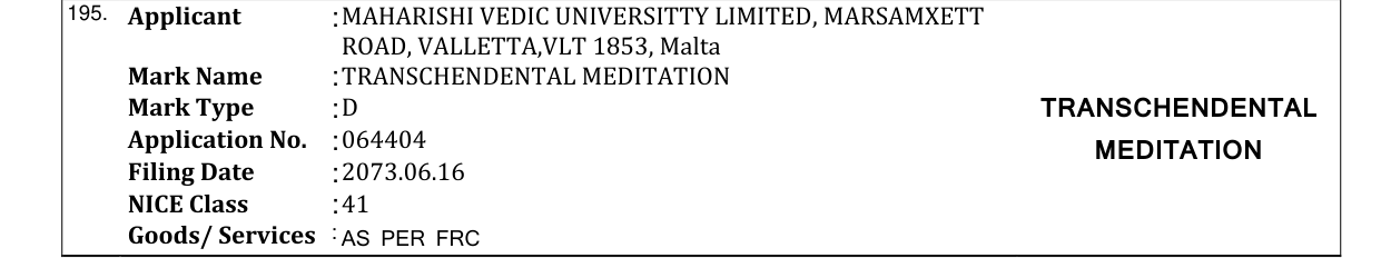 Original bulletin entry for TRANSCHENDENTAL MEDITATION