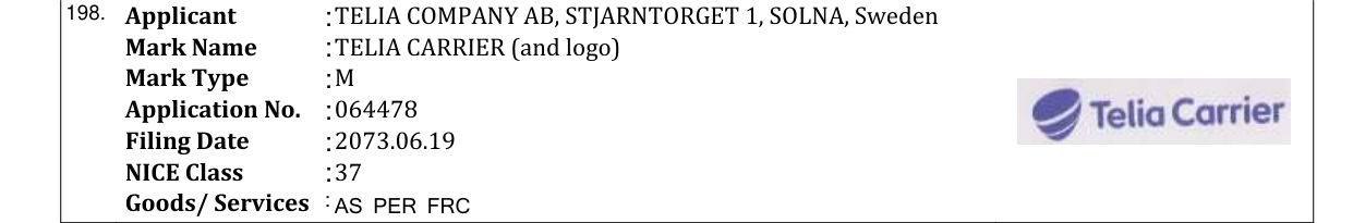 Original bulletin entry for TELIA CARRIER (and logo)