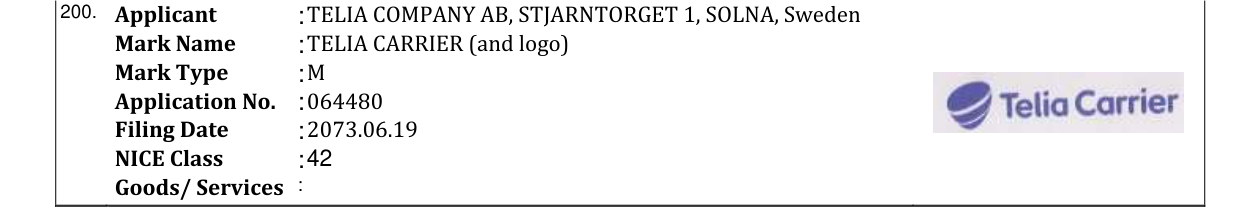 Original bulletin entry for TELIA CARRIER (and logo)