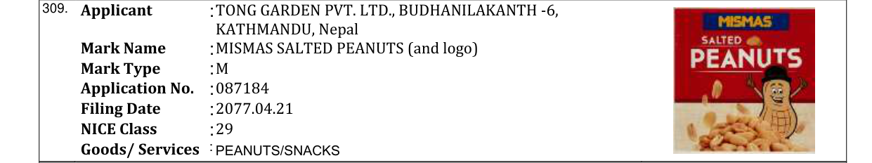 Original bulletin entry for MISMAS MASALA PEANUTS (and logo)