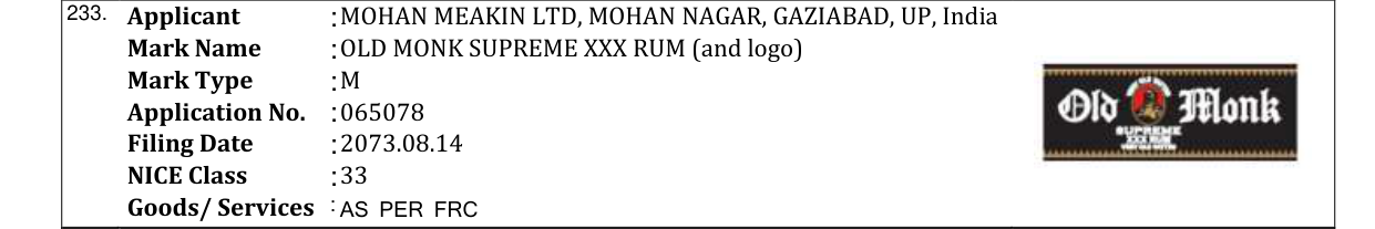 Original bulletin entry for OLD MONK SUPREME XXX RUM (and logo)