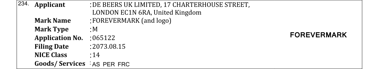 Original bulletin entry for FOREVERMARK (and logo)